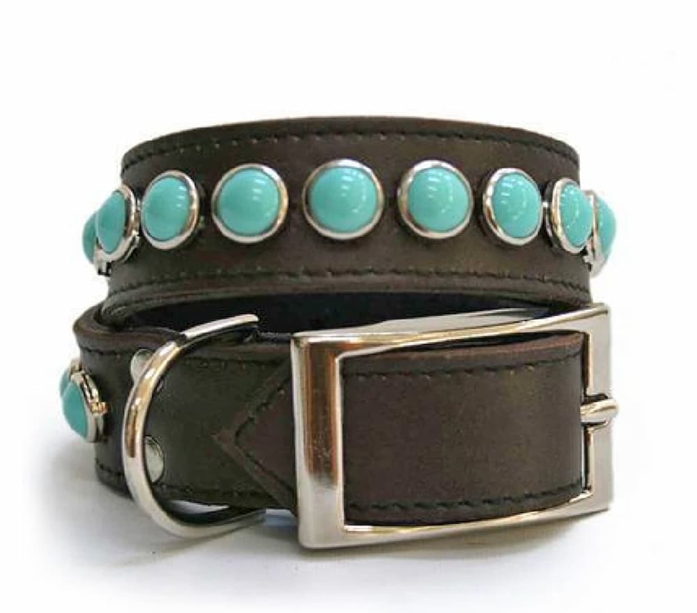 RN Design Turquoise Cabochons on Chocolate Leather Dog Collar